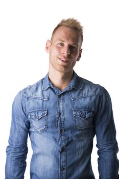 Fit handsome young male model posing confident and smiling, isolated on white