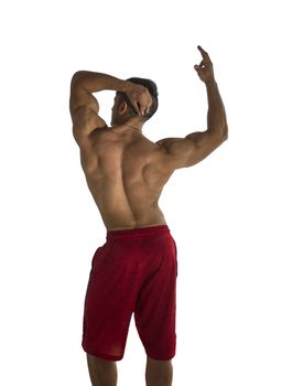 Bodybuilder strong athletic muscle man, sport guy showing his back muscles, standing isolated over white background