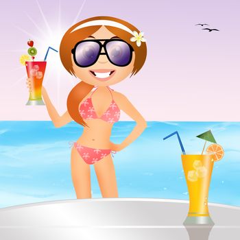 illustration of girl with cocktail on the beach