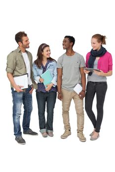 Full length of casual young people with documents and digital table over white background