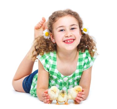 Happy little girl holding baby chickens - isolated white background