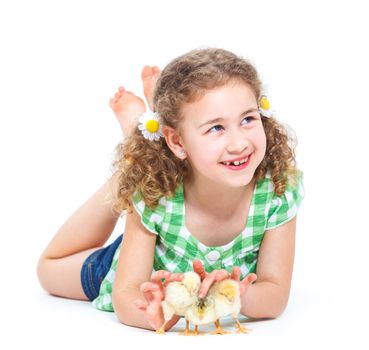 Happy little girl holding baby chickens - isolated white background