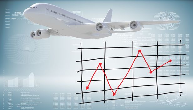Modern airplane and graph of price changes. Graphs and texts as backdrop