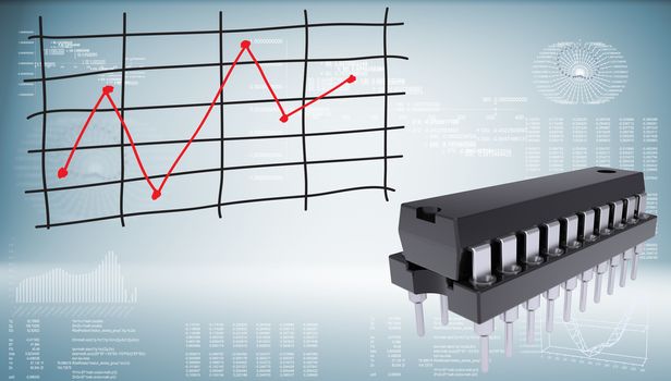 Microchip and graph of price changes. Graphs and texts as backdrop