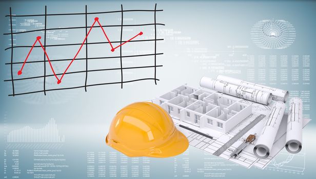 Drawings, helmet, building walls and graph of price changes. Graphs and texts as backdrop