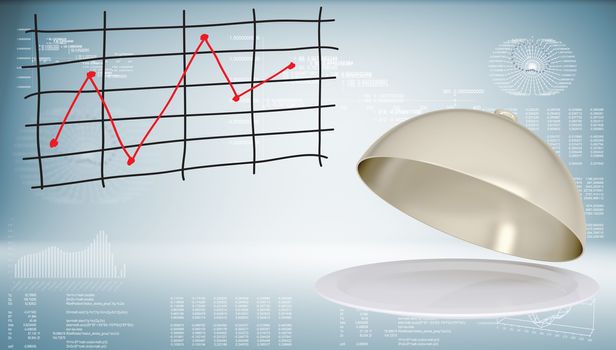 Cloche with open lid and graph of price changes. Graphs as backdrop 