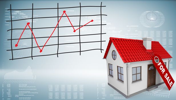 Small house with a label for the sale and graph of price changes. Graphs and texts as backdrop