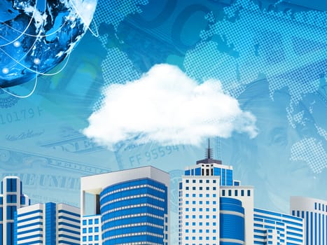 Cloud, Earth with lines, skyscrapers and money. Elements of this image are furnished by NASA