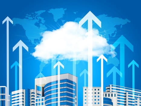 Cloud, skyscrapers, arrows and world map. Business background