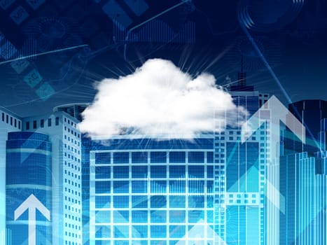 Cloud, skyscrapers and arrows. The business background