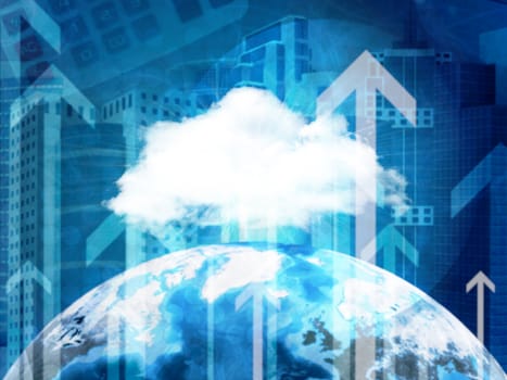 Cloud, Earth, skyscrapers and arrows. Elements of this image are furnished by NASA