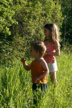 A brother and sister go on an adventure threw the wonderful nature when something off camera catches their attention.