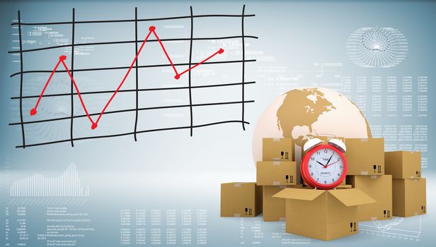 Earth, alarm clock, cardboard boxes with graph of price changes. Graphs and texts as backdrop