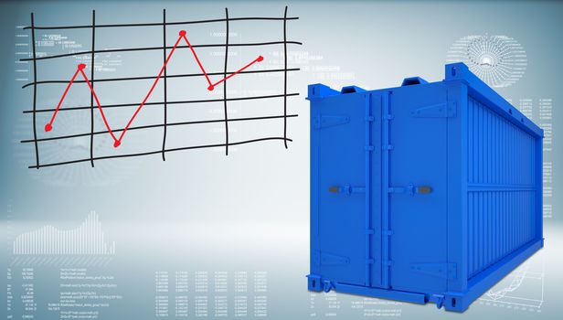 Freight shipping container with graph of price changes. Graphs and texts as backdrop