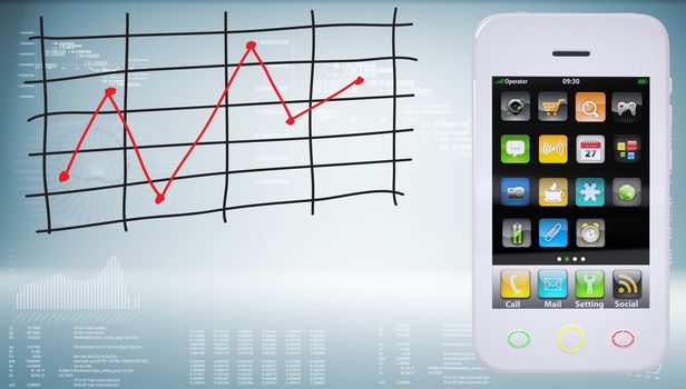 Smartphones with colorful apps and graph of price changes. Graphs as backdrop