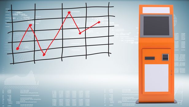 Digital touchscreen terminal and graph of price changes. Graphs as backdrop