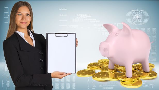 Businesswoman hold paper holder. Piggy bank with gold coins. Graphs and texts as backdrop