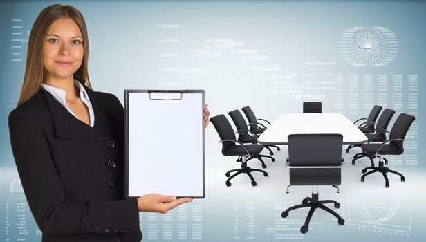 Businesswoman hold paper holder. Conference table, chairs and laptops