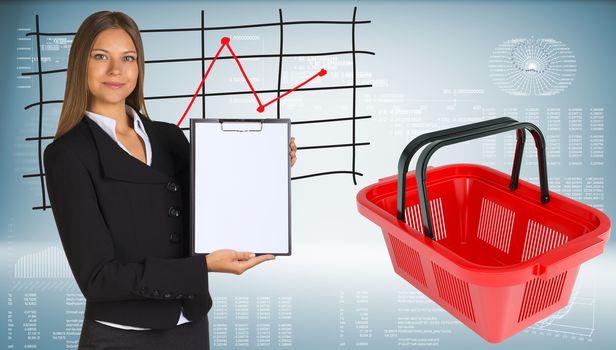 Businesswoman holding paper holder. Shopping basket with graph of price changes as backdrop