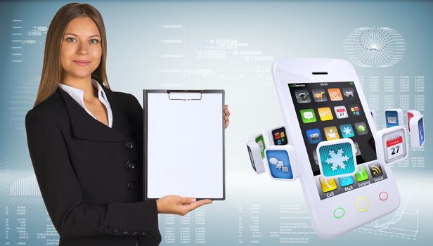 Businesswoman holding paper holder. Smartphones with colorful apps as backdrop