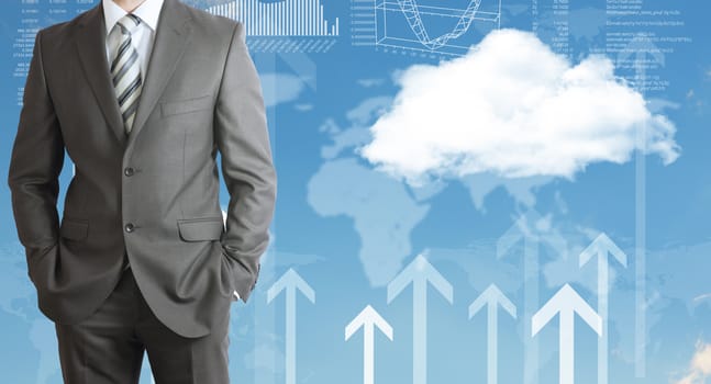 Businessman in suit. Cloud, world map and arrows as backdrop