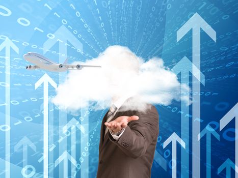 Airplane, figures and arrows. Businessman in a suit hold cloud