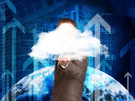 Earth, skyscrapers and arrows. Businessman hold cloud. Elements of this image are furnished by NASA