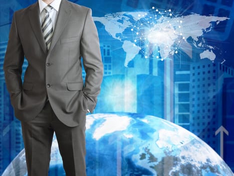 Businessman with Earth, skyscrapers and world map. Elements of this image are furnished by NASA