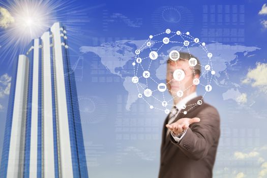 World map with app icons and skyscraper. Businessman in a suit hold world map