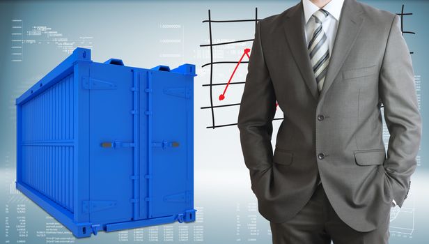 Businessman in suit. Freight shipping container and graphs as backdrop