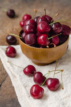 close up fresh fruits , red  cherries in bowl