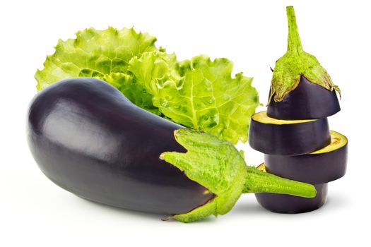 Lettuce, eggplant and three slices isolated on white background