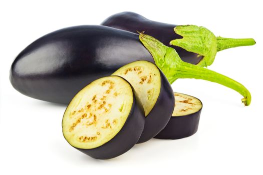 Two eggplant and three slices isolated on white background