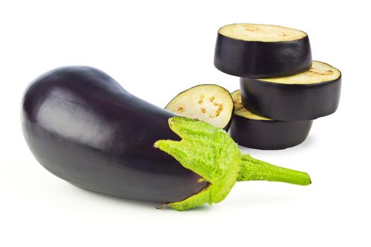 One eggplant and four slices isolated on white background