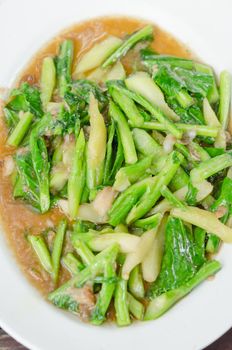 top view stir fried chinese kale with salted fish