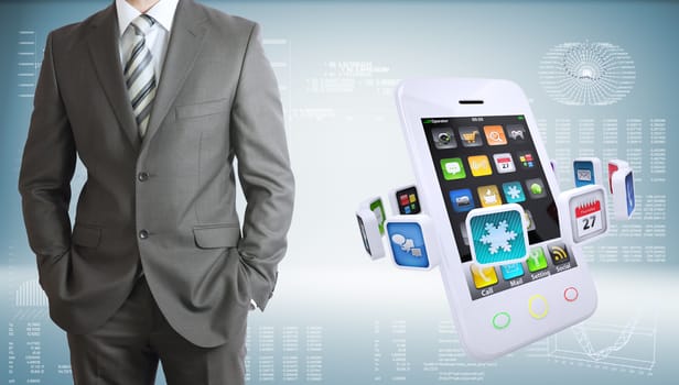 Businessman in suit. Smartphones with colorful apps as backdrop