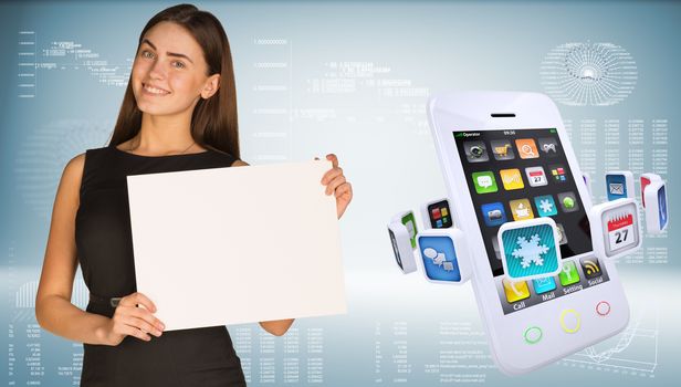 Businesswoman hold white paper. Smartphones with colorful apps as backdrop