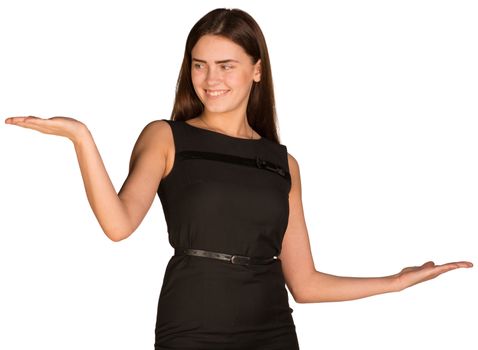 Businesswoman in dress showing empty palms. Isolated on the white background