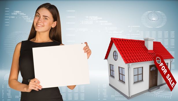 Businesswoman hold paper sheet. Small house with a label for the sale