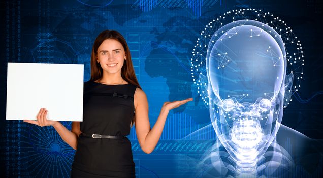 Businesswoman holding paper sheet. X-ray image of head, graphics and communication as backdrop