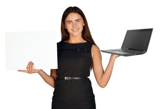 Businesswoman hold white paper and laptop. Isolated on white background