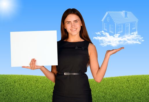 Businesswoman holding paper sheet and house of clouds. Landscape as backdrop