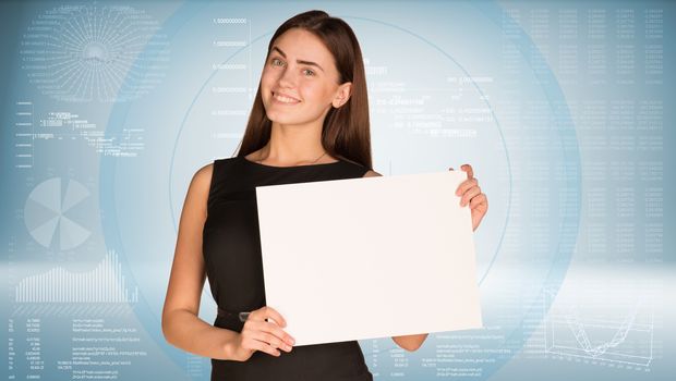 Businesswoman holding paper sheet. High-tech graphs as backdrop
