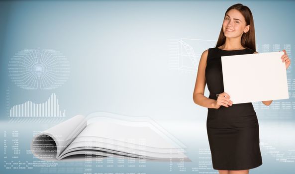 Businesswoman holding paper sheet. Open book  as backdrop