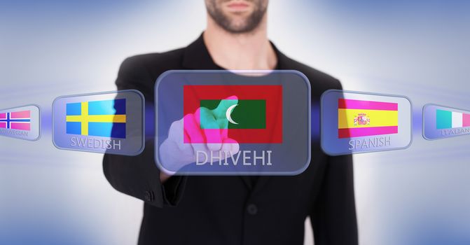 Hand pushing on a touch screen interface, choosing language or country, Maldives