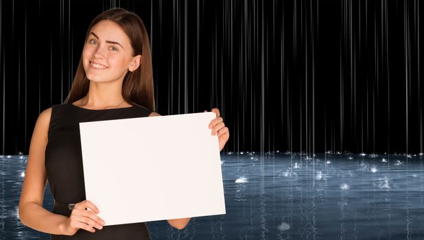 Businesswoman holding paper sheet. Rain and surface waters as backdrop