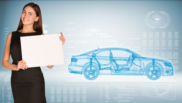 Businesswoman holding paper holder. High-tech wire-frame car and graphs as backdrop