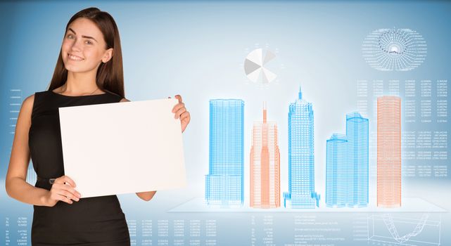 Businesswoman holding paper sheet. High-tech wire frame skyscrapers and graphs as backdrop