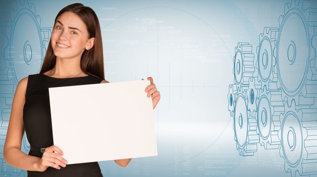 Businesswoman holding paper sheet. High-tech wire-frame gears and graphs as backdrop