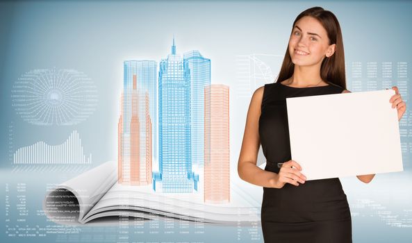 Businesswoman holding paper sheet. High-tech wire-frame skyscrapers on open book  as backdrop